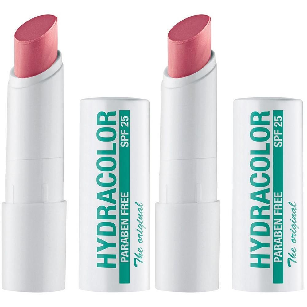 Zwei Lippenpflegestifte mit rosa Spitze. Weiße Hülle mit grüner Schrift: HYDRACOLOR, SPF 25, PARABEN FREE, The original.
