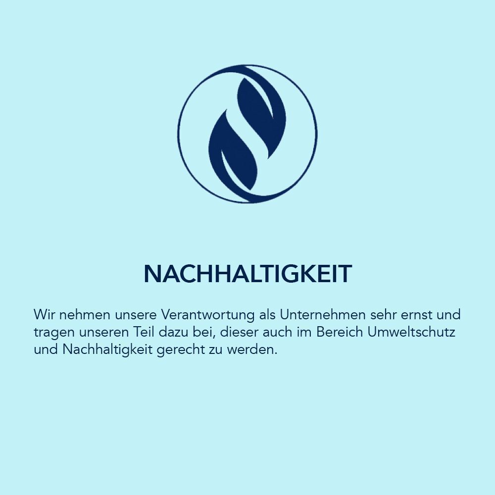 Blauer Hintergrund mit Text: NACHHALTIGKEIT. Logo mit zwei Blättern. Text über Nachhaltigkeit des Unternehmens.