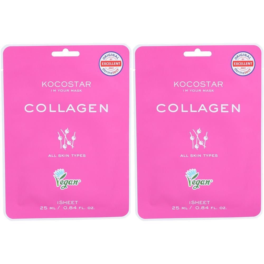 Zwei KOCOSTAR Collagen Masken. Rosa Verpackung mit weißer Schrift. Enthält das Wort „Collagen“ und das Vegan-Logo. Dermatologisch getestet.