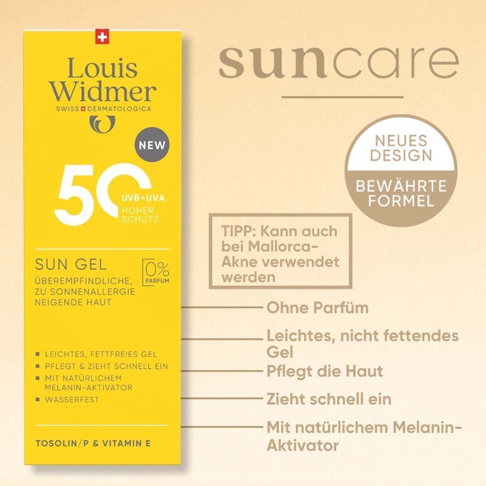 Gelbe Verpackung von WIDMER Sun Gel 50. Aufschrift: 50, Sun Gel, für sonnenallergische Haut. Text: Ohne Parfüm, leichtes Gel.