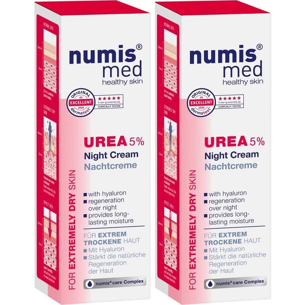 Zwei Packungen Nachtcreme. Weiße Schachteln mit roter und blauer Beschriftung. Text: UREA 5% Nachtcreme, numis med, für extrem trockene Haut.