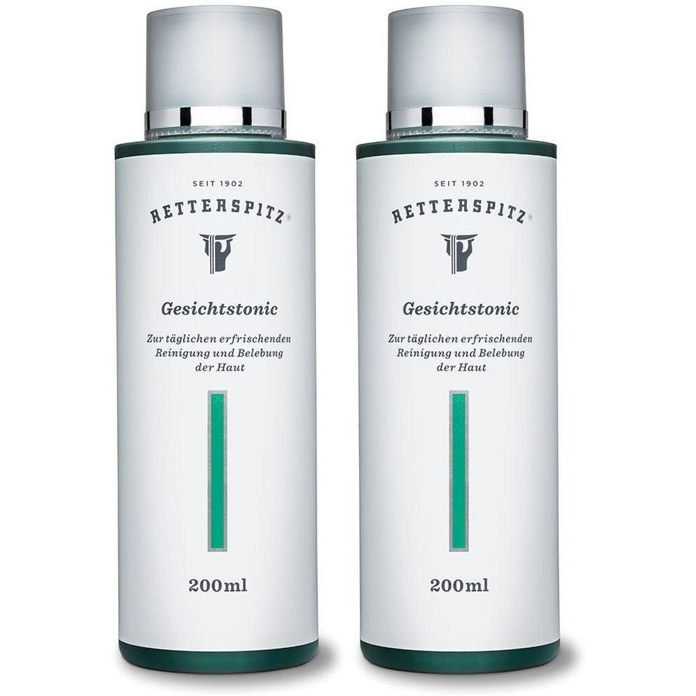 Zwei Flaschen Gesichtstonic. Weißes Etikett mit grünem Streifen und Schriftzug. Marke RETTERSPITZ. Text: Gesichtstonic, 200ml.