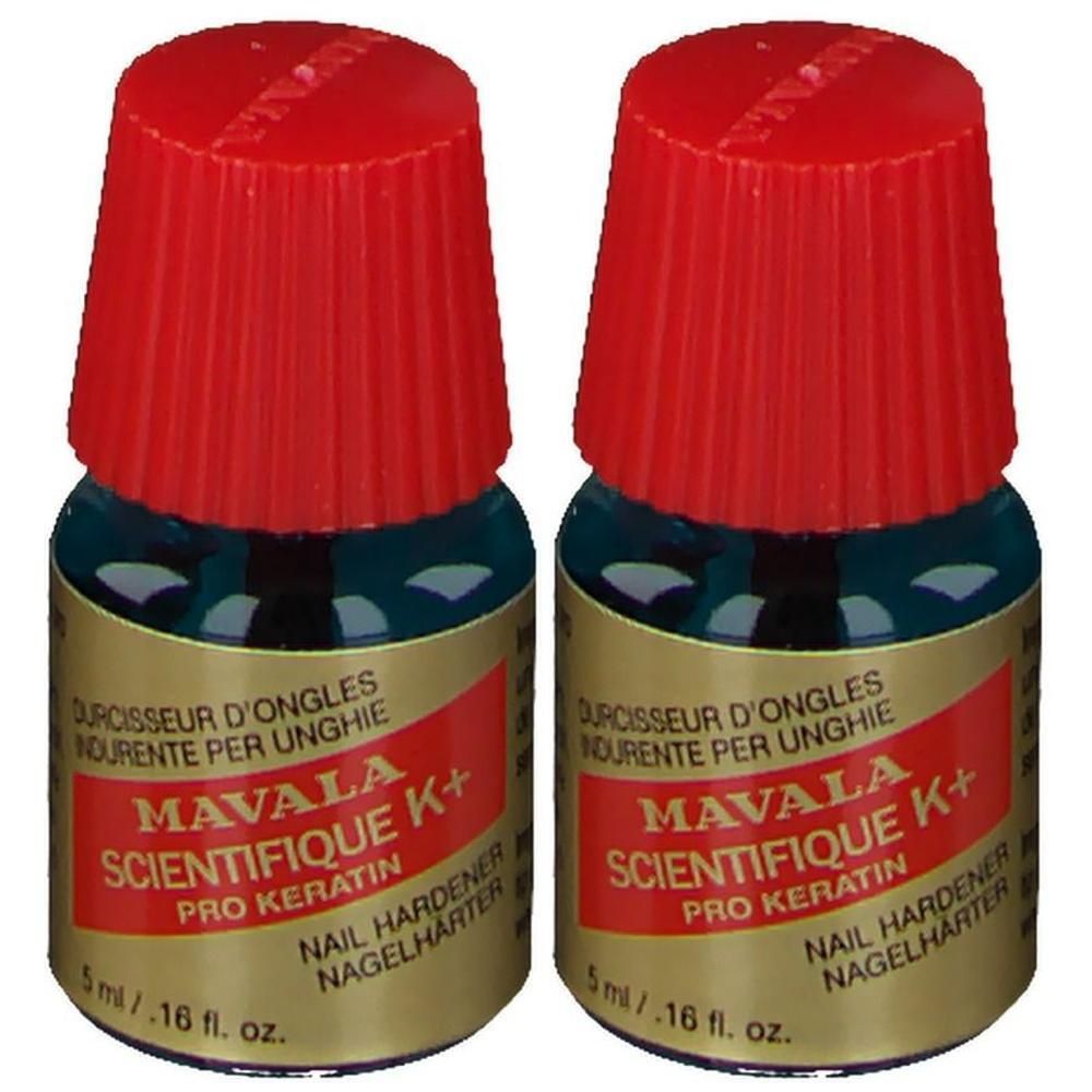 Zwei Fläschchen Nagelhärter mit rotem Verschluss. Aufschrift: MAVALA Scientifique K+ Pro Keratin. 5 ml.