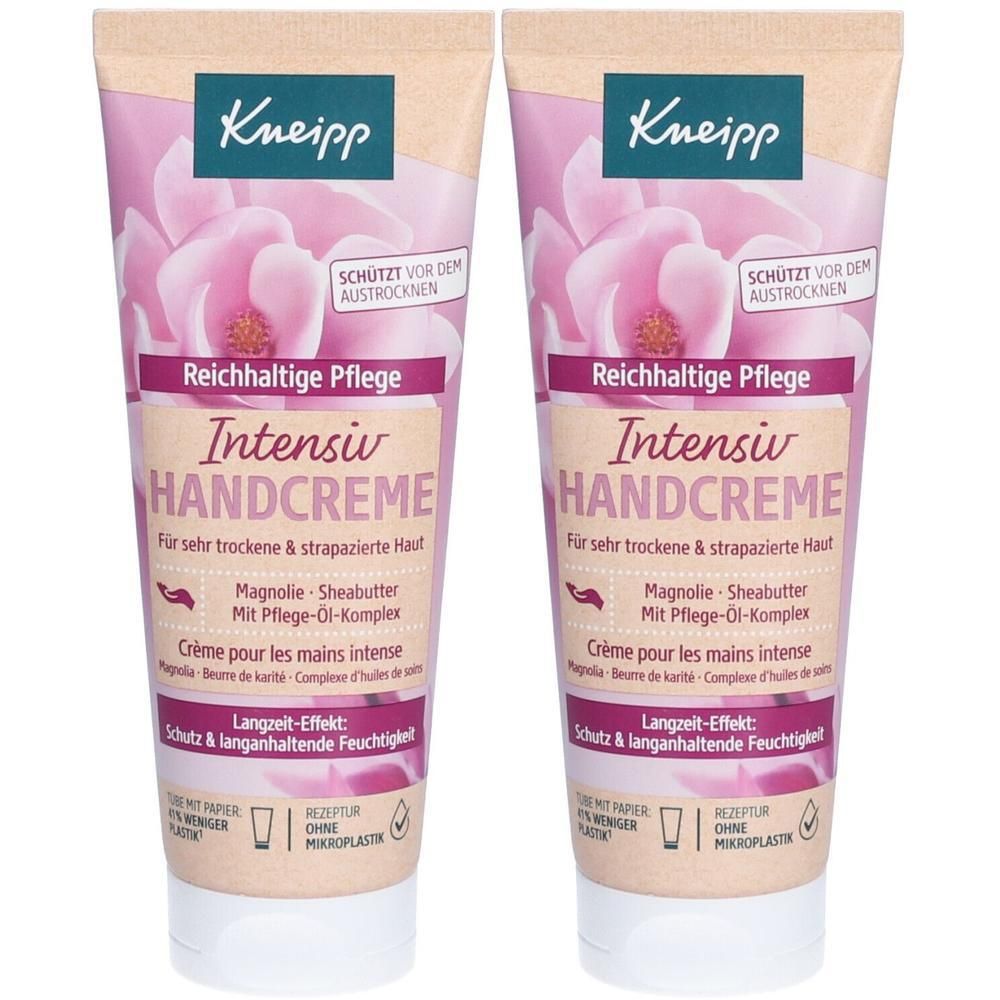 Zwei Tuben Handcreme. Beige-rosa Farbgebung, floraler Hintergrund. Text: Kneipp, Intensiv Handcreme, Schutz vor Austrocknen.