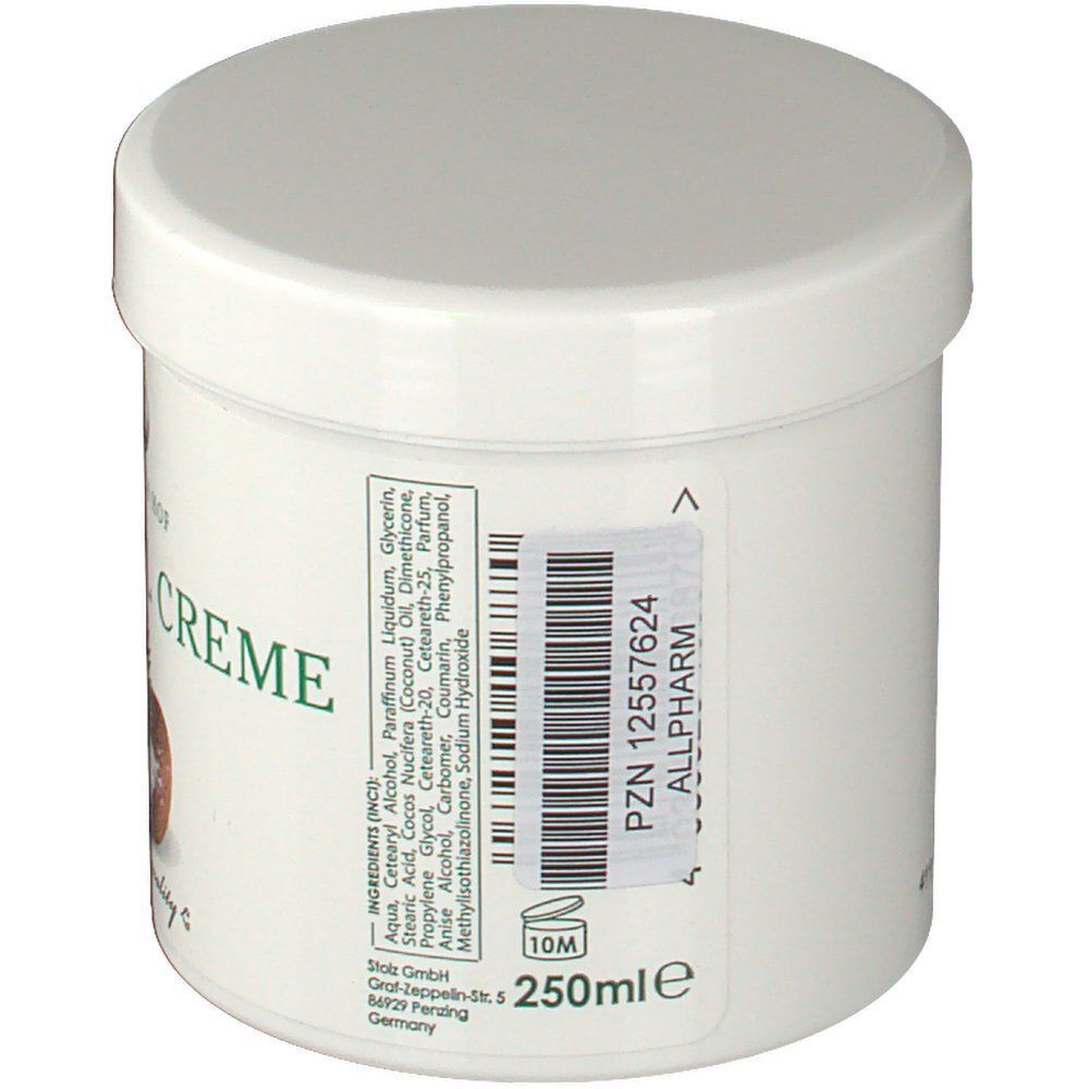 Weißer Tiegel mit Deckel. Auf der Seite Zutatenliste, PZN-Nummer und 250ml. Aufschrift: KOKOSÖL CREME.