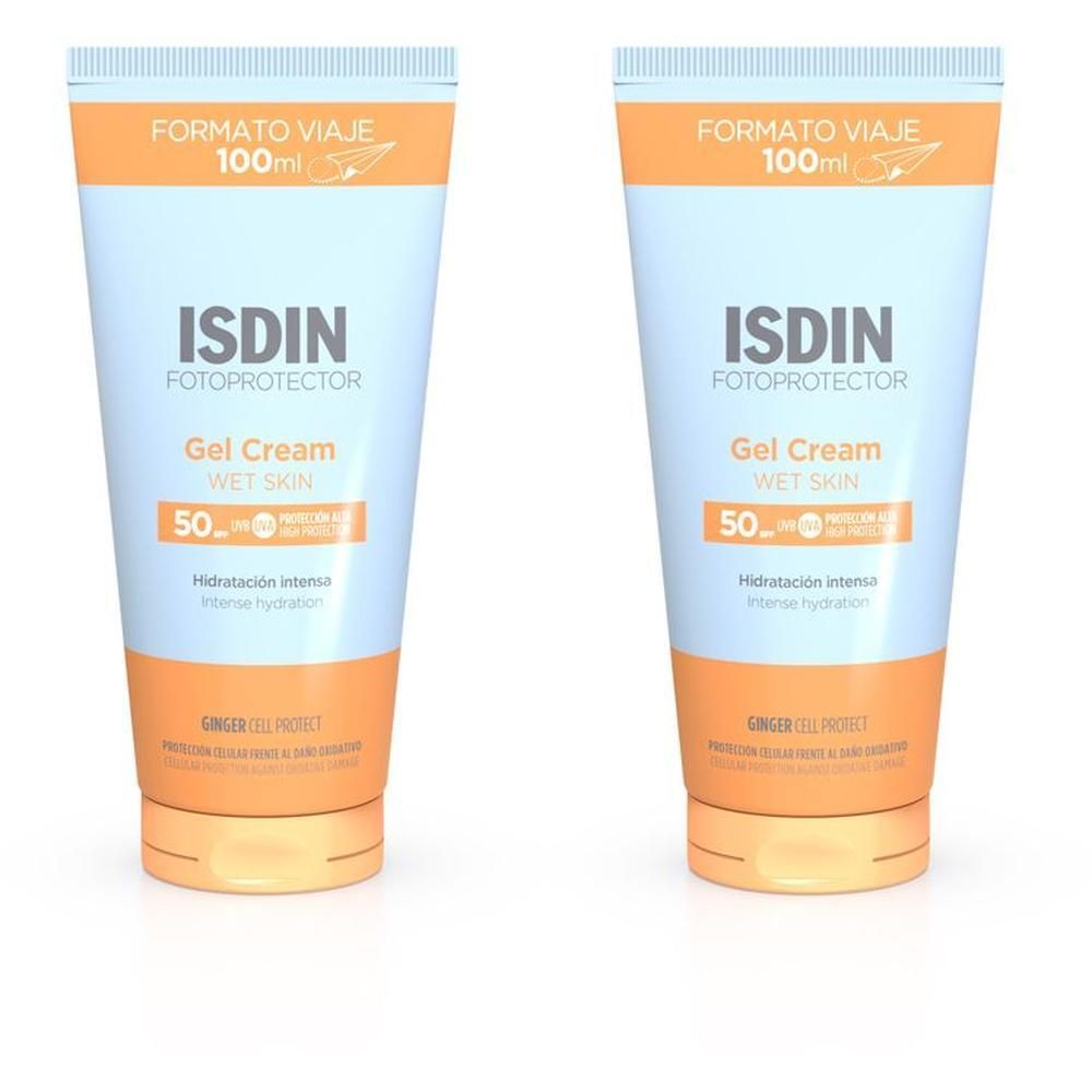 Zwei Tuben ISDIN Fotoprotector Gel Cream LSF 50. Hellblaue und orangefarbene Verpackung. "FORMATO VIAJE" und "100ml" sichtbar.