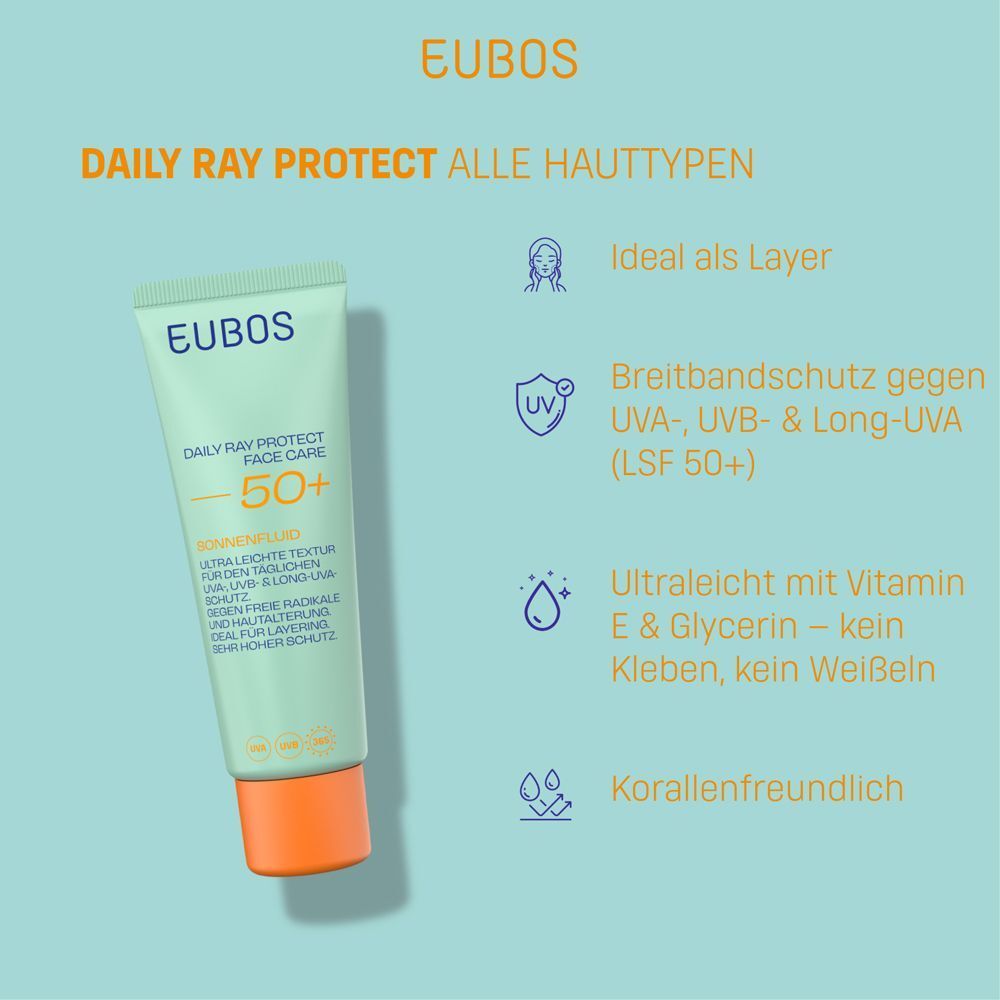 EUBOS DAILY RAY PROTECT FACE CARE 50+ Tube. Text: Für alle Hauttypen. UVA-, UVB- & Long-UVA Schutz. Ultra leicht.