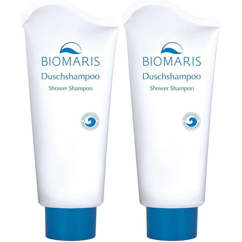 Zwei weiße Tuben mit blauem Verschluss. Aufschrift: BIOMARIS Duschshampoo, Shower Shampoo. Logo mit Welle.