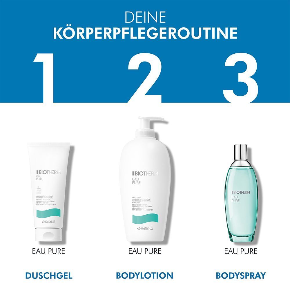 Drei Produkte: Duschgel, Bodylotion und Bodyspray. Alle mit "BIOTHERM Eau Pure" beschriftet. Hintergrund: blau mit Zahlen.