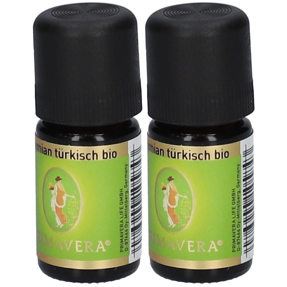 Zwei kleine Flaschen mit schwarzem Deckel. Auf den Etiketten steht "mian türkisch bio" und "PRIMAVERA".