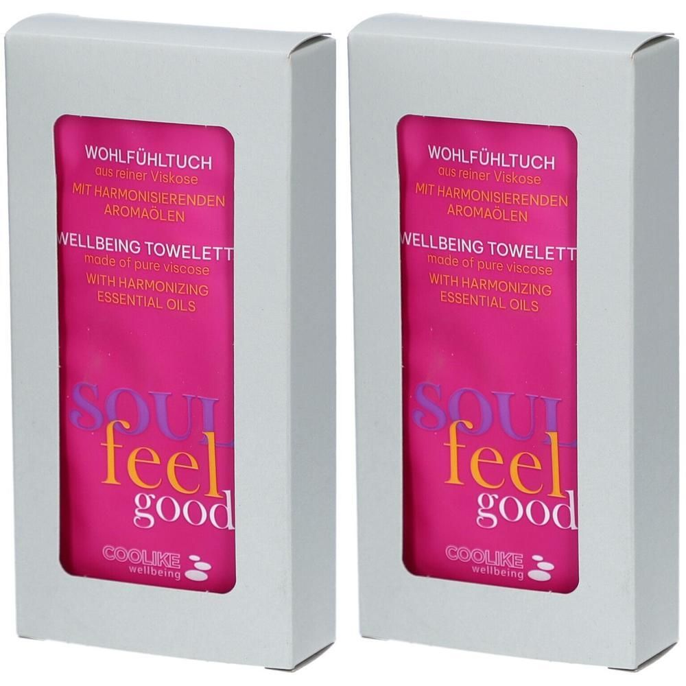 Zwei weiße Kartons mit pinkfarbenen Tüchern. Auf den Tüchern steht "WOHLFÜHLTUCH" und "SOUL feel good".