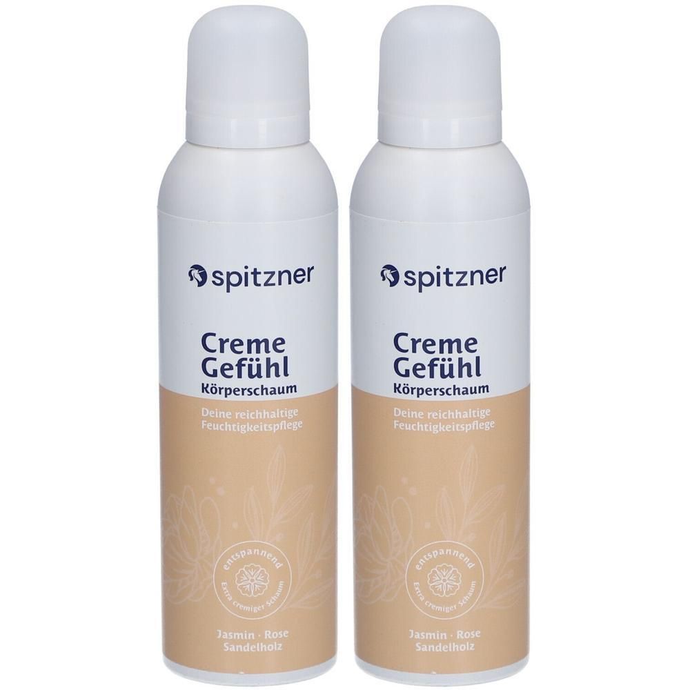 Zwei weiße Sprühflaschen mit weißem Deckel. Aufschrift: spitzner, Creme Gefühl, Körperschaum. Aufschrift: Jasmin, Rose, Sandelholz.