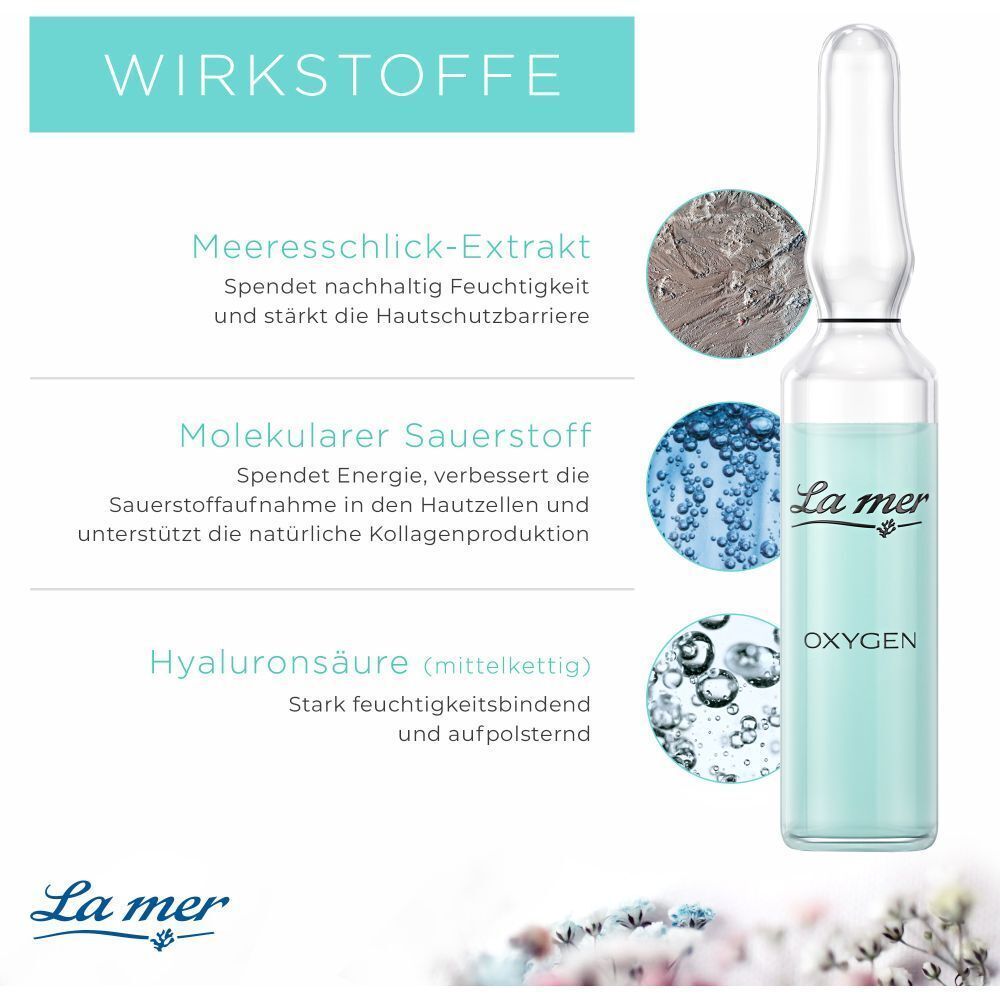 Eine Glasampulle mit bläulicher Flüssigkeit, neben Infografiken. Text: "La mer", "OXYGEN", "Wirkstoffe".