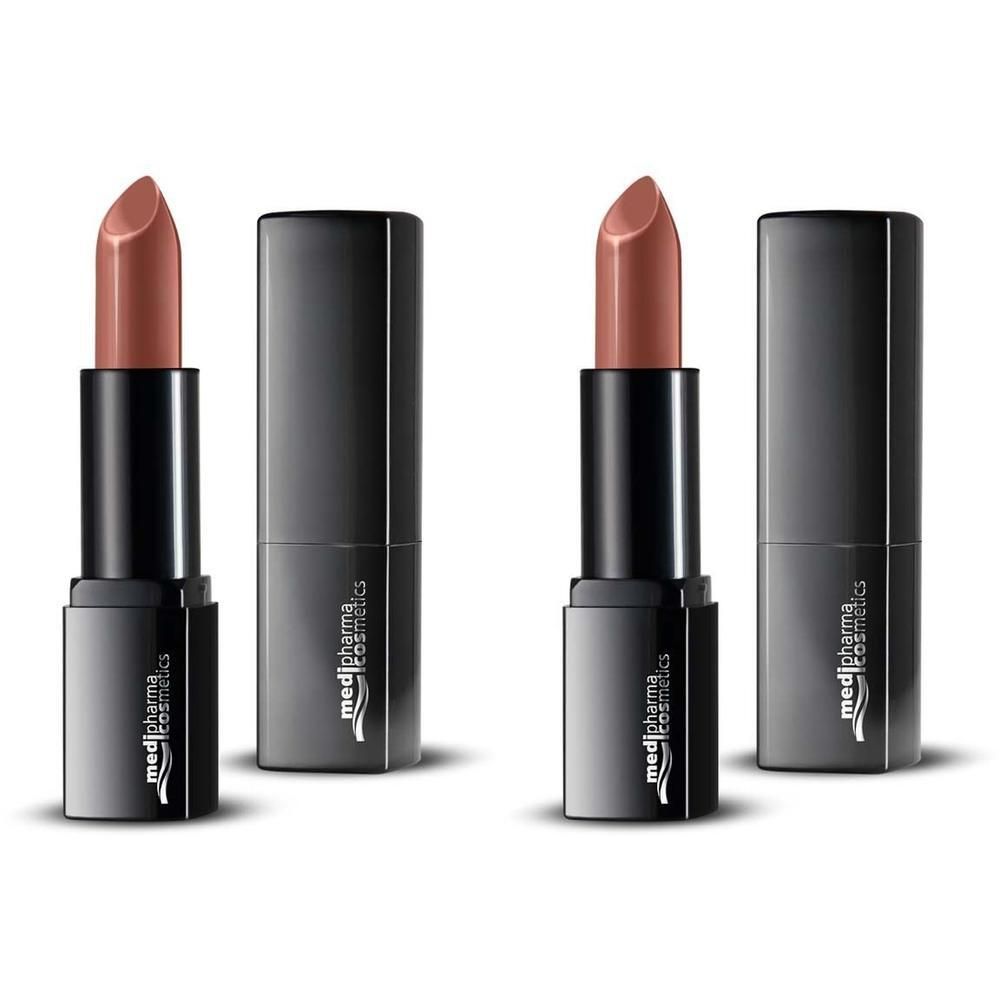 Vier Lippenstifte, zwei geöffnet, zwei geschlossen. Schwarze Hüllen, nude Farbe. Marke: medipharma cosmetics.