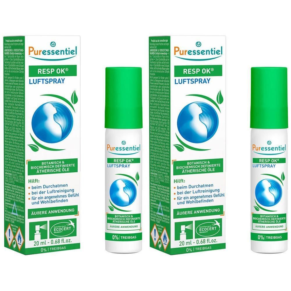 Drei Flaschen und zwei Schachteln. Aufschrift: Puressentiel RESP OK Luftspray. ECOCERT-Zertifizierung.