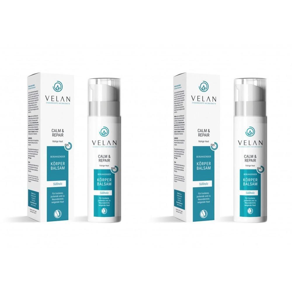 Zwei Flaschen und zwei Verpackungen. Aufschrift: VELAN, CALM & REPAIR, KÖRPER BALSAM. Weiße Flaschen mit Pumpkopf.