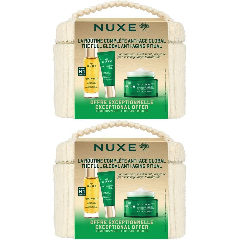 Zwei Sets mit Kosmetikprodukten. Jedes Set enthält eine goldfarbene Flasche, eine grüne Tube und einen grünen Tiegel mit weißem Deckel.
