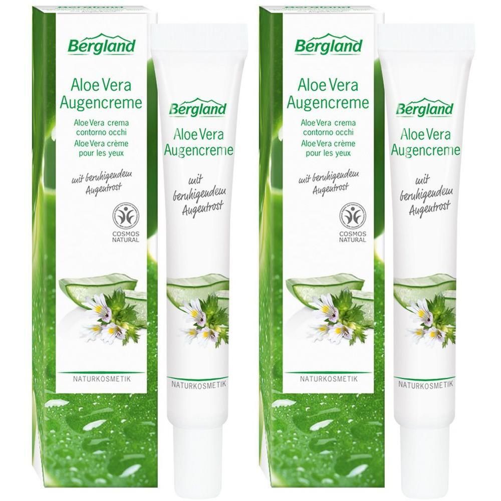Zwei Tuben und zwei Schachteln Augencreme. Aufschrift: Bergland Aloe Vera Augencreme. Mit beruhigendem Augentrost. Naturkosmetik.