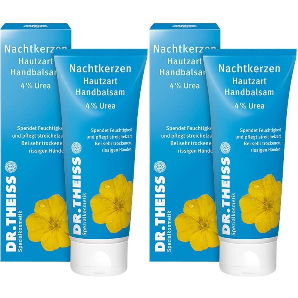 Zwei Tuben Handbalsam mit blauer Verpackung. Aufschrift: Nachtkerzen Hautzart Handbalsam, 4% Urea. Marke: DR.THEISS.