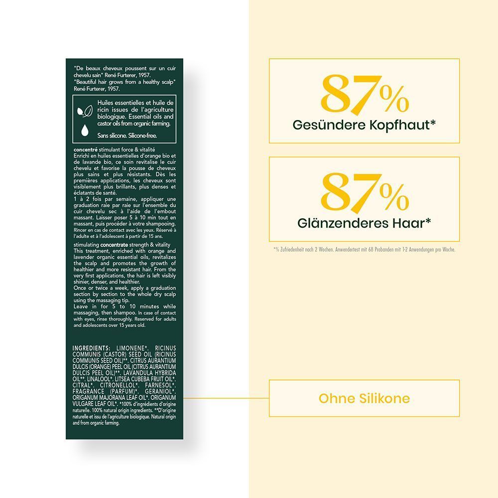 Textabschnitt mit Inhaltsstoffen und Prozentangaben zu gesünderer Kopfhaut und glänzenderem Haar. Ohne Silikone.