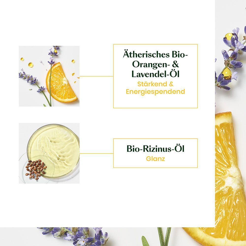 Nahaufnahmen von Zutaten: Orangenblüten, Lavendel und Bio-Rizinus-Öl. Text: Ätherisches Bio-Orangen- & Lavendel-Öl. Bio-Rizinus-Öl.
