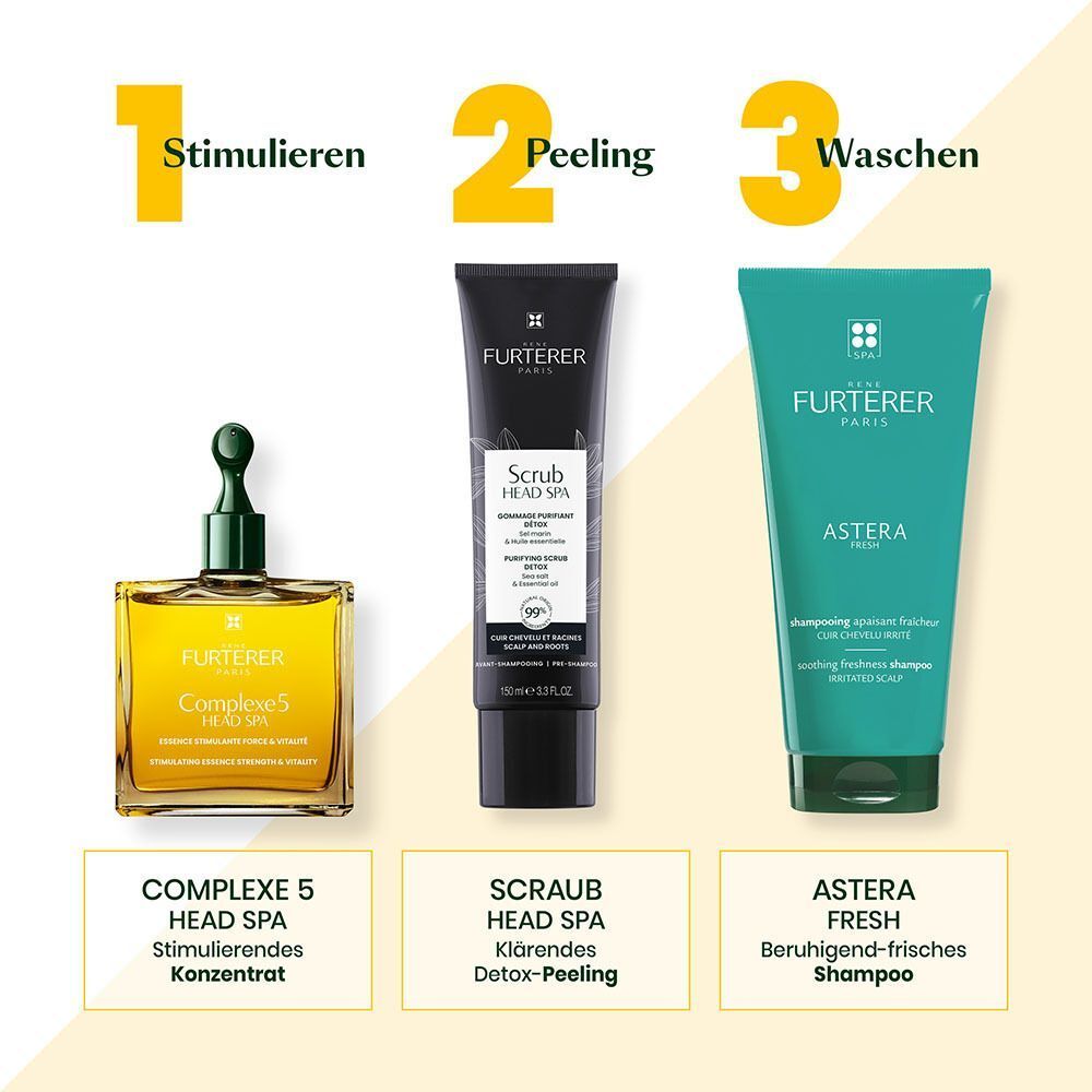 Drei Produkte: Complexe 5, Scrub Head Spa, Astera Fresh Shampoo. Text: Stimulieren, Peeling, Waschen. FURTERER PARIS.
