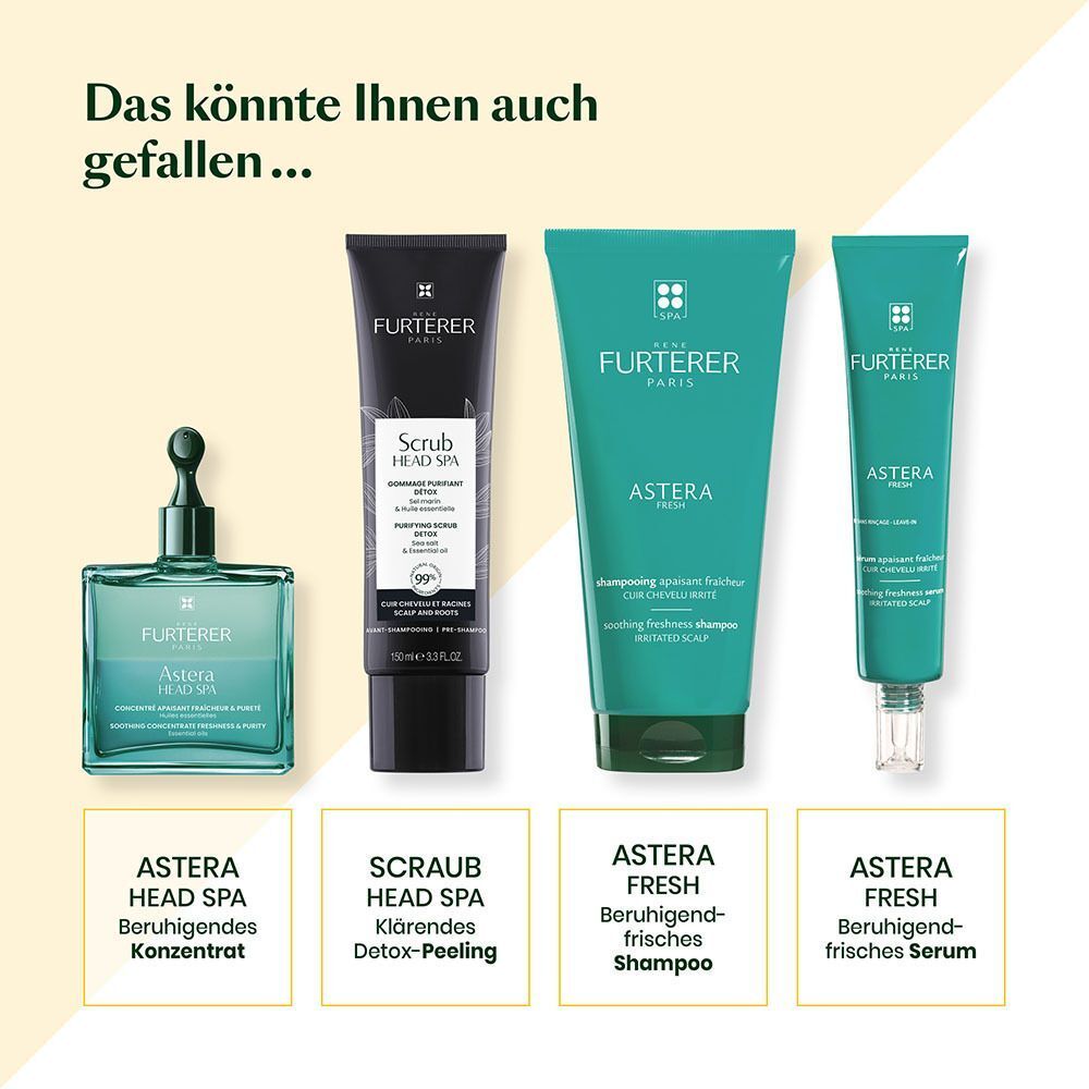 Vier Produkte: Astera Head Spa Konzentrat, Scrub Head Spa, Astera Fresh Shampoo, Astera Fresh Serum. FURTERER PARIS.