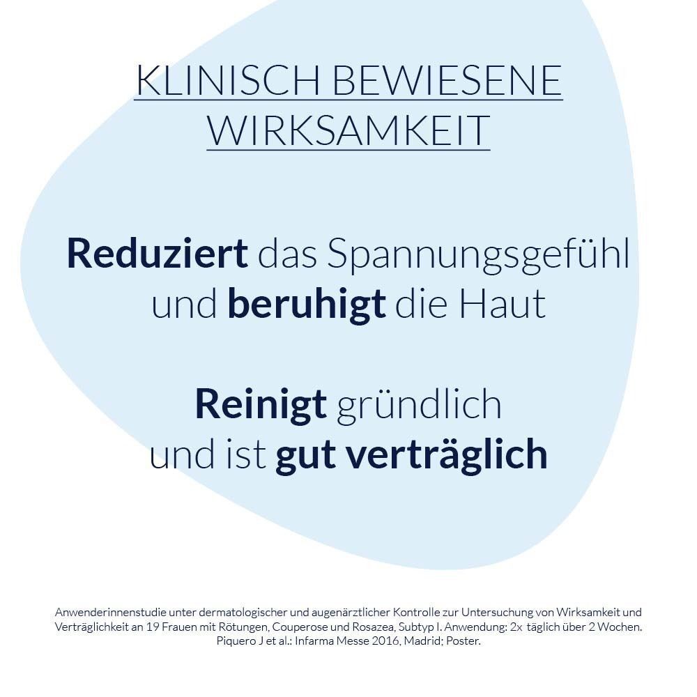 Text auf blauem Hintergrund: Klinisch bewiesene Wirksamkeit. Reduziert Spannungsgefühl, beruhigt Haut, reinigt gründlich.
