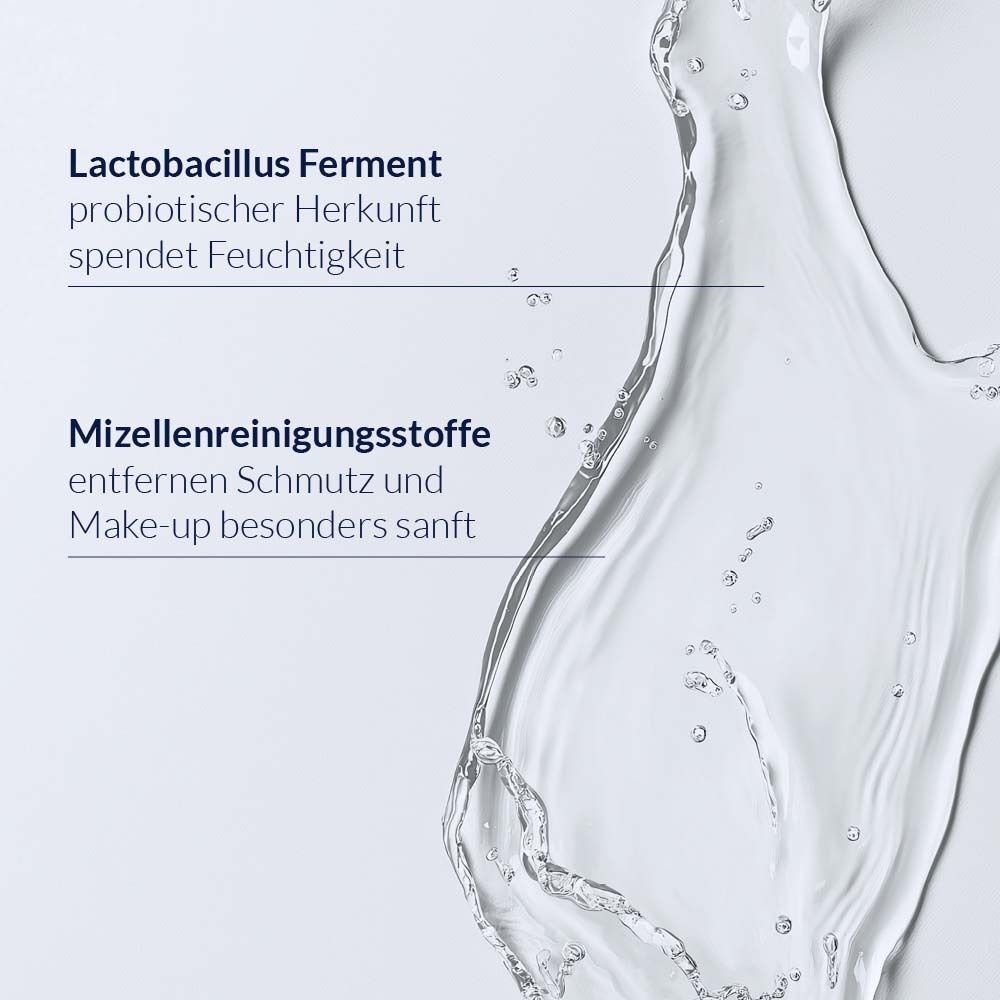 Wassertropfen mit Text. Lactobacillus Ferment spendet Feuchtigkeit. Mizellenreinigungstoffe entfernen Schmutz und Make-up.