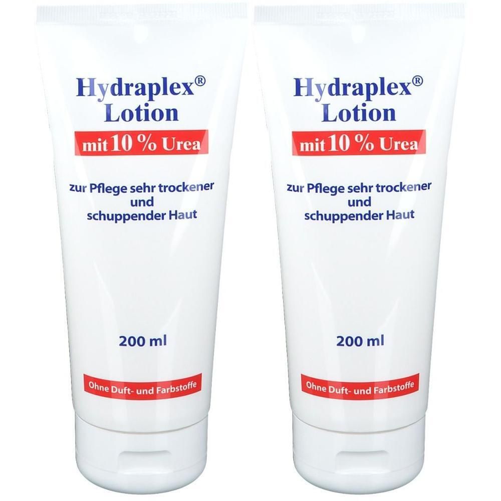 Zwei weiße Tuben Hydraplex Lotion. Aufschrift: 10% Urea, für trockene Haut. 200 ml. Ohne Duft- und Farbstoffe.