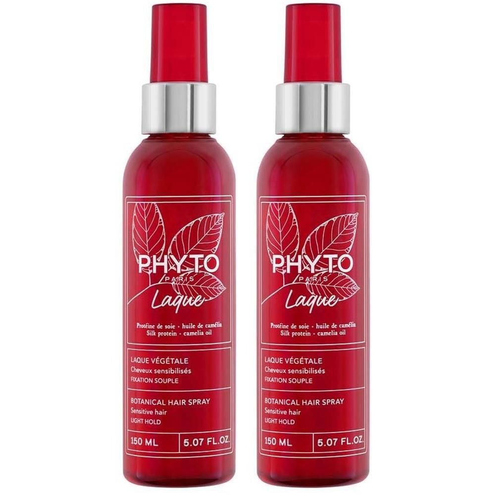 Zwei rote Sprühflaschen PHYTOLAQUE. Aufschrift: Botanical Hair Spray, 150 ml. Silberner Sprühkopf.