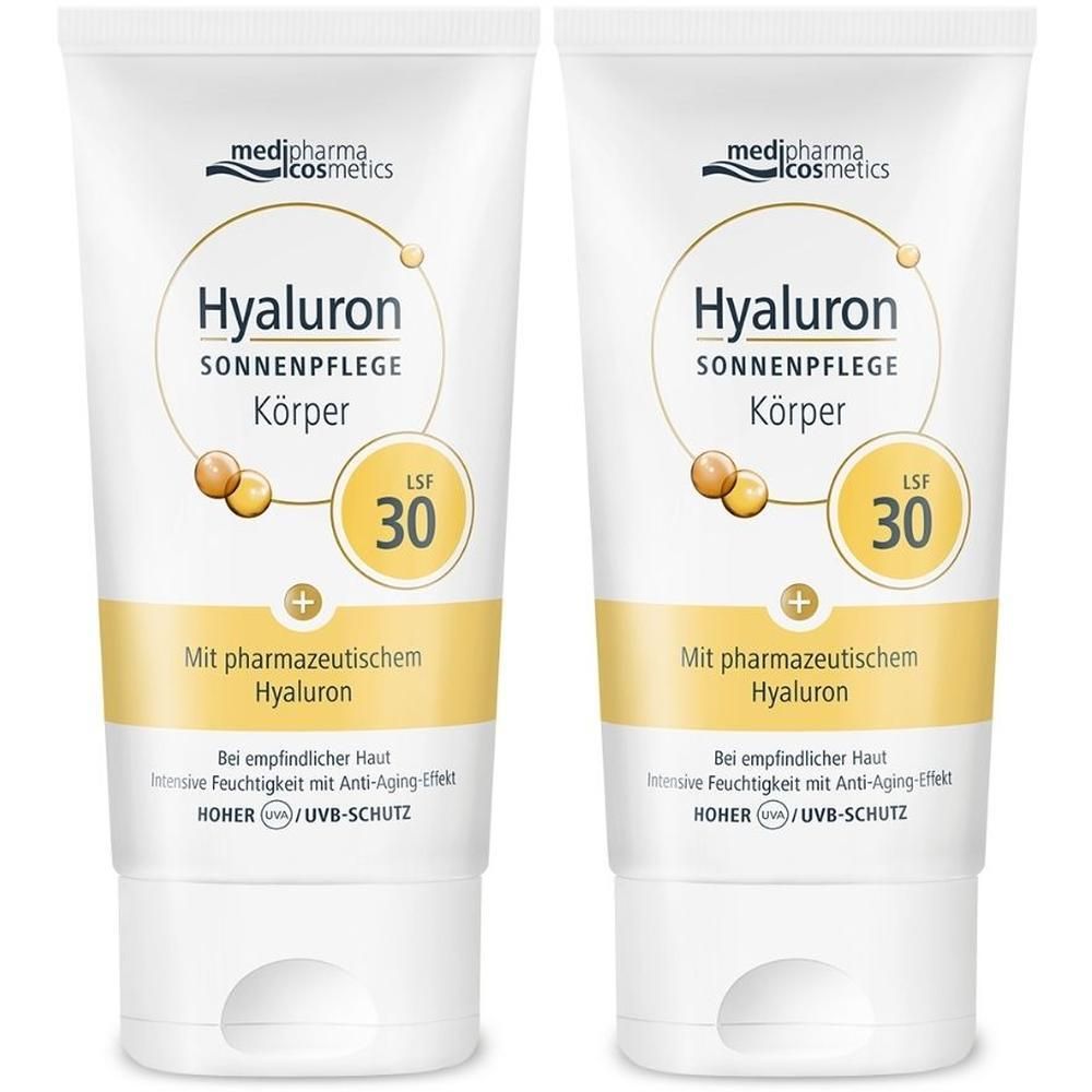 Zwei Tuben HYALURON SONNENPFLEGE Körper Creme LSF 30. Weiße Tuben mit gelben und blauen Akzenten. Text: Hyaluron, LSF 30, Mit pharmazeutischem Hyaluron.