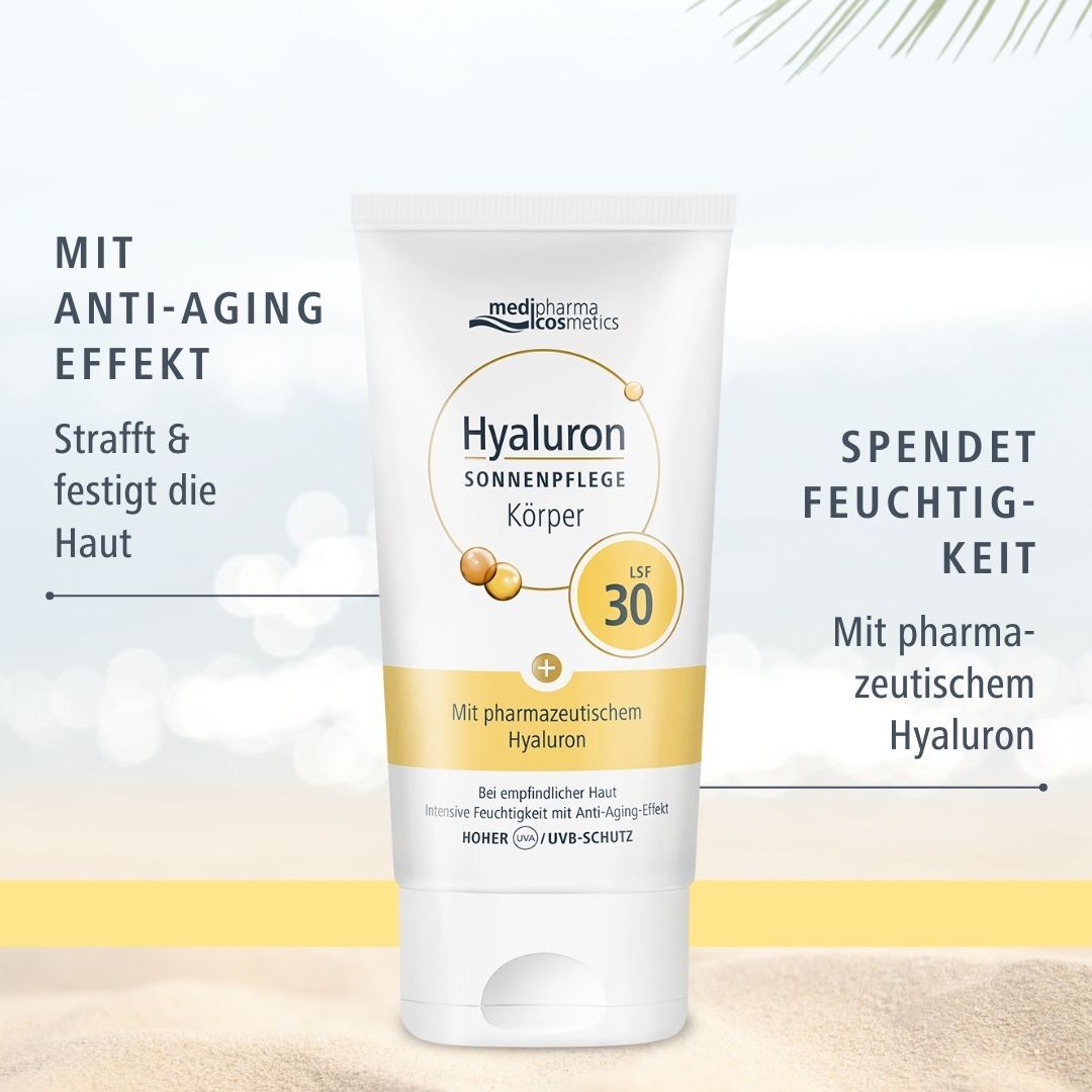 HYALURON SONNENPFLEGE Körper Creme LSF 30. Weiße Tube mit gelben und blauen Akzenten. Text: Hyaluron, LSF 30, Mit pharmazeutischem Hyaluron. Text: Spendet Feuchtigkeit.