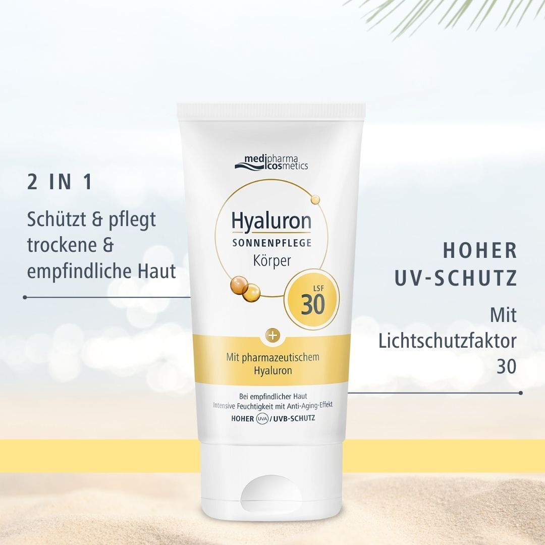 HYALURON SONNENPFLEGE Körper Creme LSF 30. Weiße Tube mit gelben und blauen Akzenten. Text: Hyaluron, LSF 30, Mit pharmazeutischem Hyaluron. Text: 2 in 1.