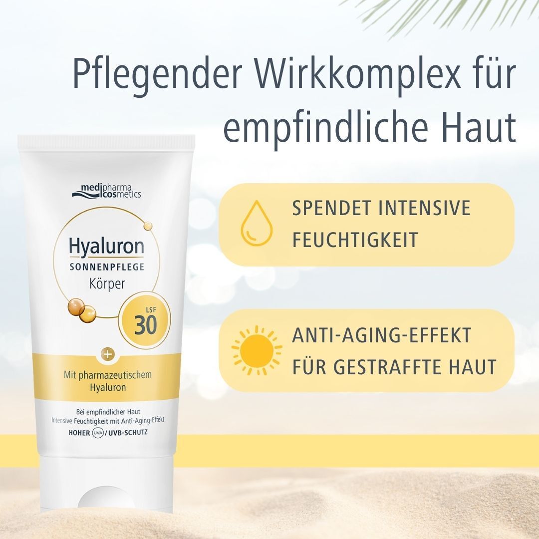 HYALURON SONNENPFLEGE Körper Creme LSF 30. Weiße Tube mit gelben und blauen Akzenten. Text: Hyaluron, LSF 30, Mit pharmazeutischem Hyaluron. Text: Feuchtigkeit.