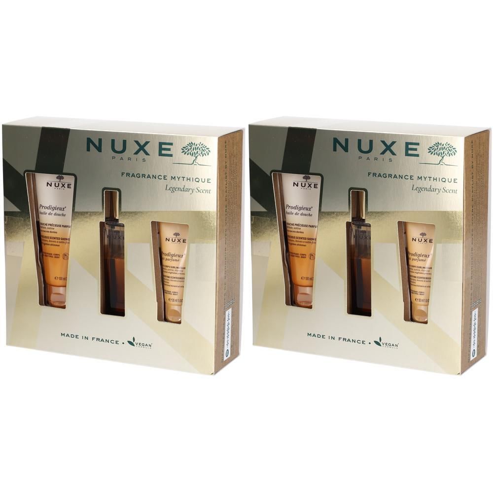 Geschenkset mit Produkten von NUXE. Enthält eine Tube, eine Flasche und eine weitere Tube in einer Geschenkbox. Aufschrift: Fragrance Mythique.