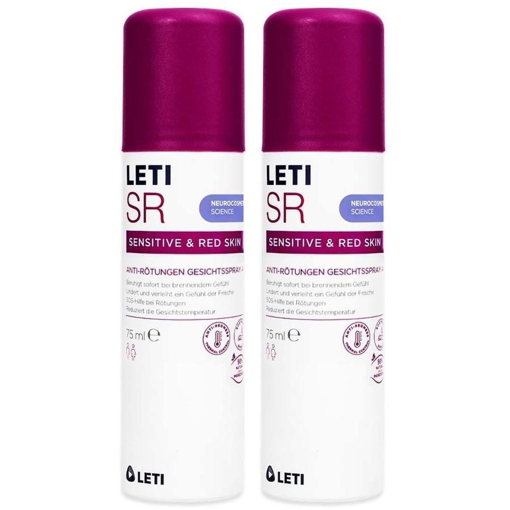 Zwei Sprays mit lila Kappe. Aufschrift: LETI SR, Sensitive & Red Skin. Anti-Rötungen Gesichtsspray Aktiv. 75 ml.