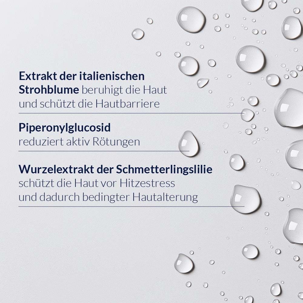 Text: Extrakt der italienischen Strohblume beruhigt die Haut. Piperonylglucosid reduziert Rötungen. Wurzelextrakt der Schmetterlingslilie schützt die Haut.