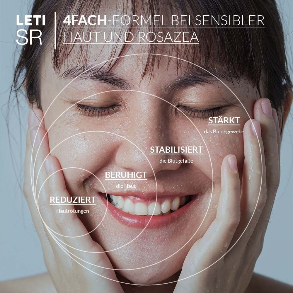 Frau mit Gesicht in Kreisen. Text: 4fach-Formel bei sensibler Haut und Rosazea. Reduziert, beruhigt, stabilisiert, stärkt.