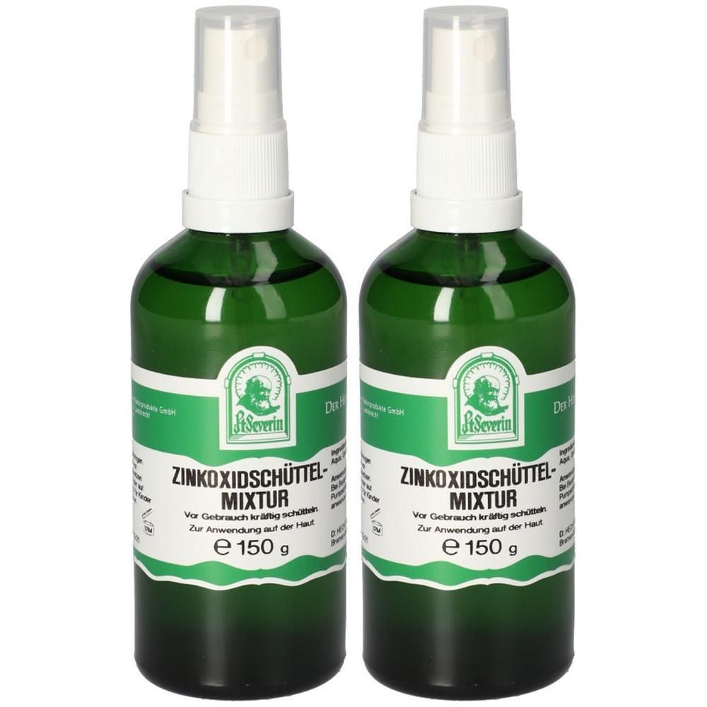 Zwei grüne Flaschen mit Sprühkopf. Aufschrift: ZINKOXID Schüttelmixtur. Etikett mit Logo und Text. E 150 g.