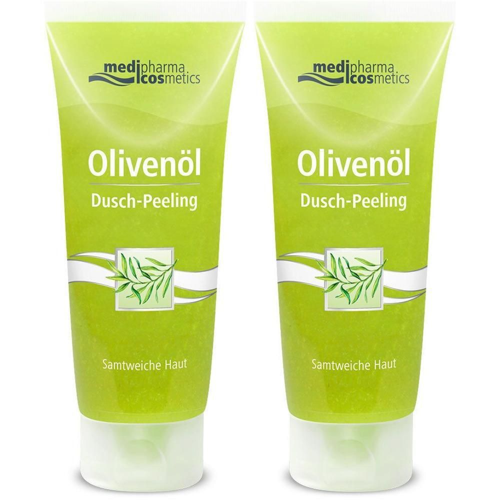 Zwei Tuben OLIVENÖL DUSCH-Peeling. Grünliche, transparente Tuben mit weißem Deckel. Aufschrift: Olivenöl Dusch-Peeling, Logo. Samtweiche Haut.