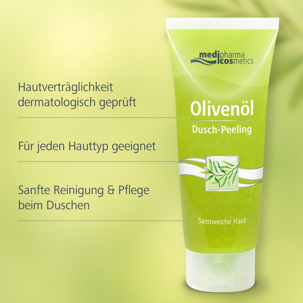 Tube OLIVENÖL DUSCH-Peeling. Grünliche, transparente Tube mit weißem Deckel. Aufschrift: Olivenöl Dusch-Peeling, Logo. Text: Hautverträglichkeit dermatologisch geprüft.