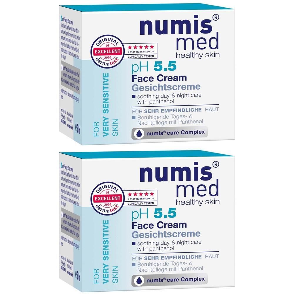 Zwei quadratische Faltschachteln. Aufschrift: numis med pH 5.5 Gesichtscreme. Auszeichnung: dermatest. Blaue und weiße Farbgebung.