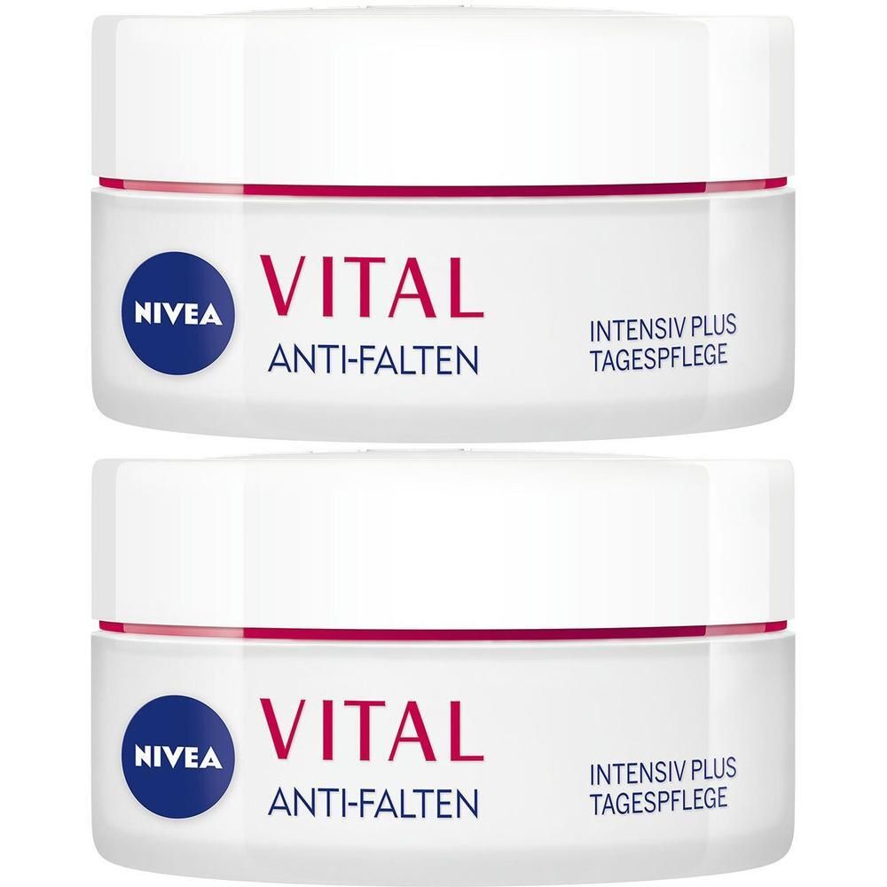 Zwei Cremetiegel mit weißem Deckel und rotem Ring. Aufschrift: NIVEA VITAL Anti-Falten Tagespflege.
