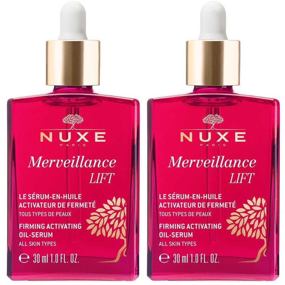 Zwei Flaschen NUXE Merveillance Lift Öl-Serum. Rosa Glasflaschen mit goldenen Verschlüssen und weißen Pipetten. Text: Merveillance Lift, Öl-Serum.