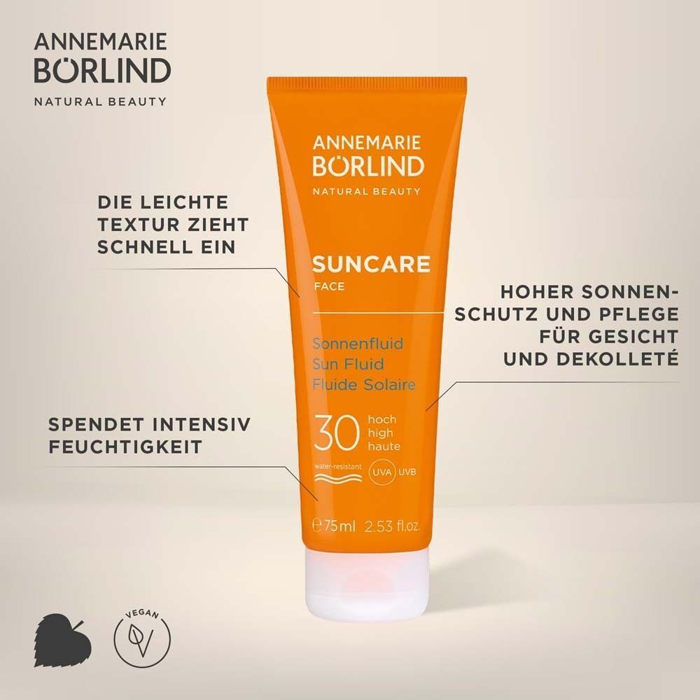 ANNEMARIE BÖRLIND FACE Sun fluid LSF 30 Tube. Orangefarben mit Text. Text: Sonnenschutz, Gesicht, Dekolleté, 30 LSF, vegan.