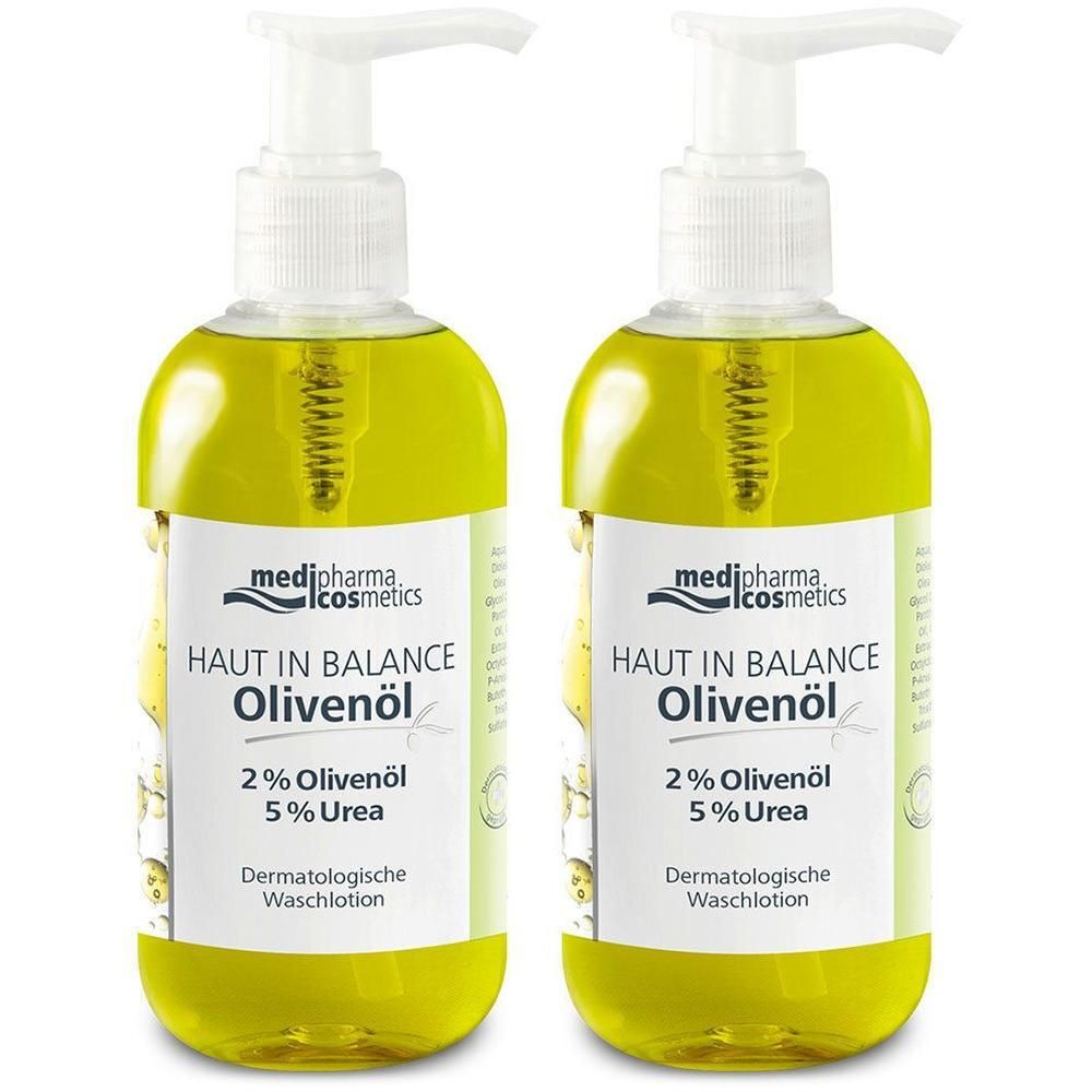 Zwei Flaschen HAUT IN BALANCE Olivenöl Derm.Waschlotion mit Dosierpumpen. Aufschrift: medi-pharma cosmetics, Olivenöl, 2% Olivenöl, 5% Urea.