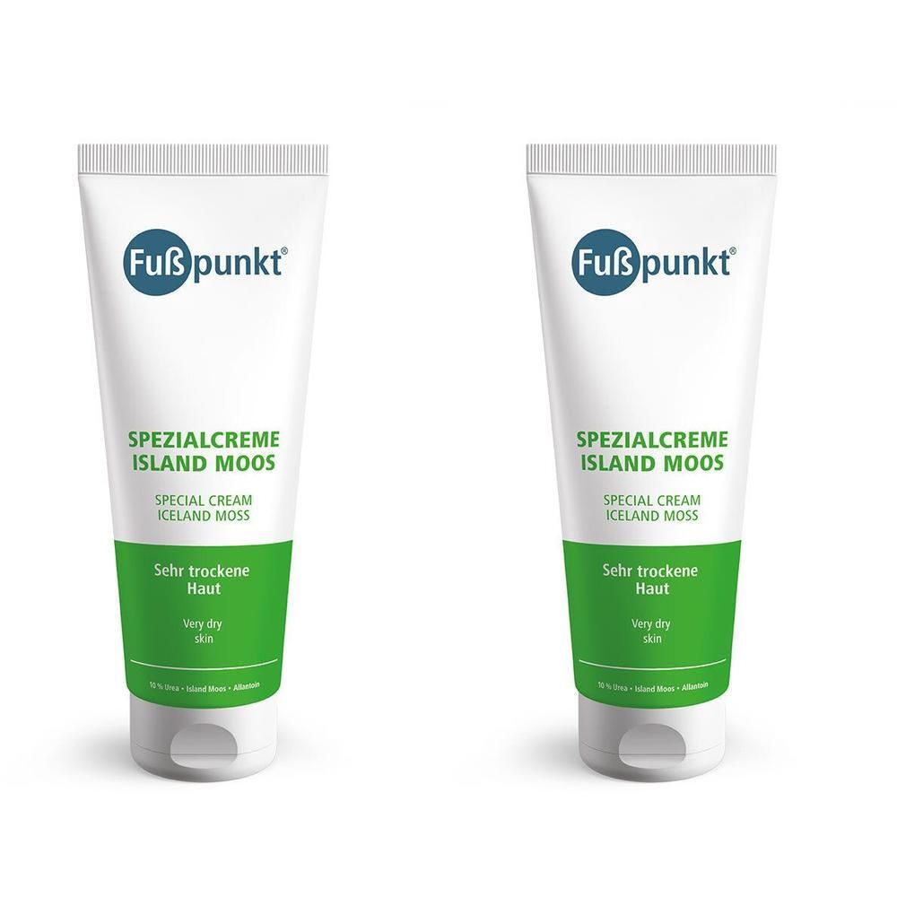 Zwei Tuben Creme. Weiß, mit grünem Streifen und Schriftzug. Aufschrift: Fußpunkt, Spezialcreme Island Moos, für sehr trockene Haut.