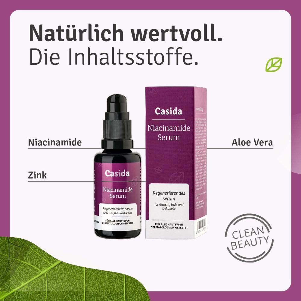 Flasche und Verpackung des Casida Niacinamide Serums. Inhaltsstoffe: Niacinamid, Zink, Aloe Vera. Clean Beauty Logo.