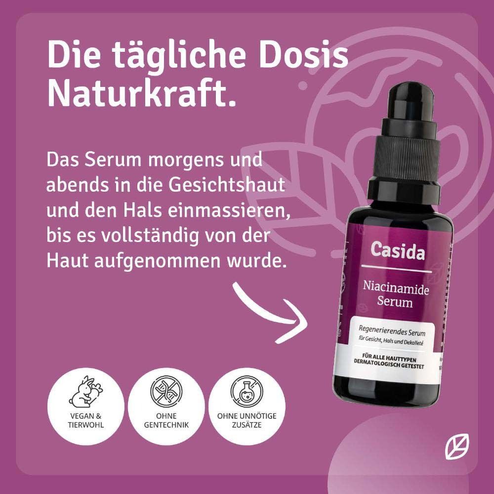 Flasche Casida Niacinamide Serum. Anwendung: Morgens und abends auf Gesicht und Hals auftragen. Vegan & tierwohl, ohne Gentechnik, ohne Zusätze.